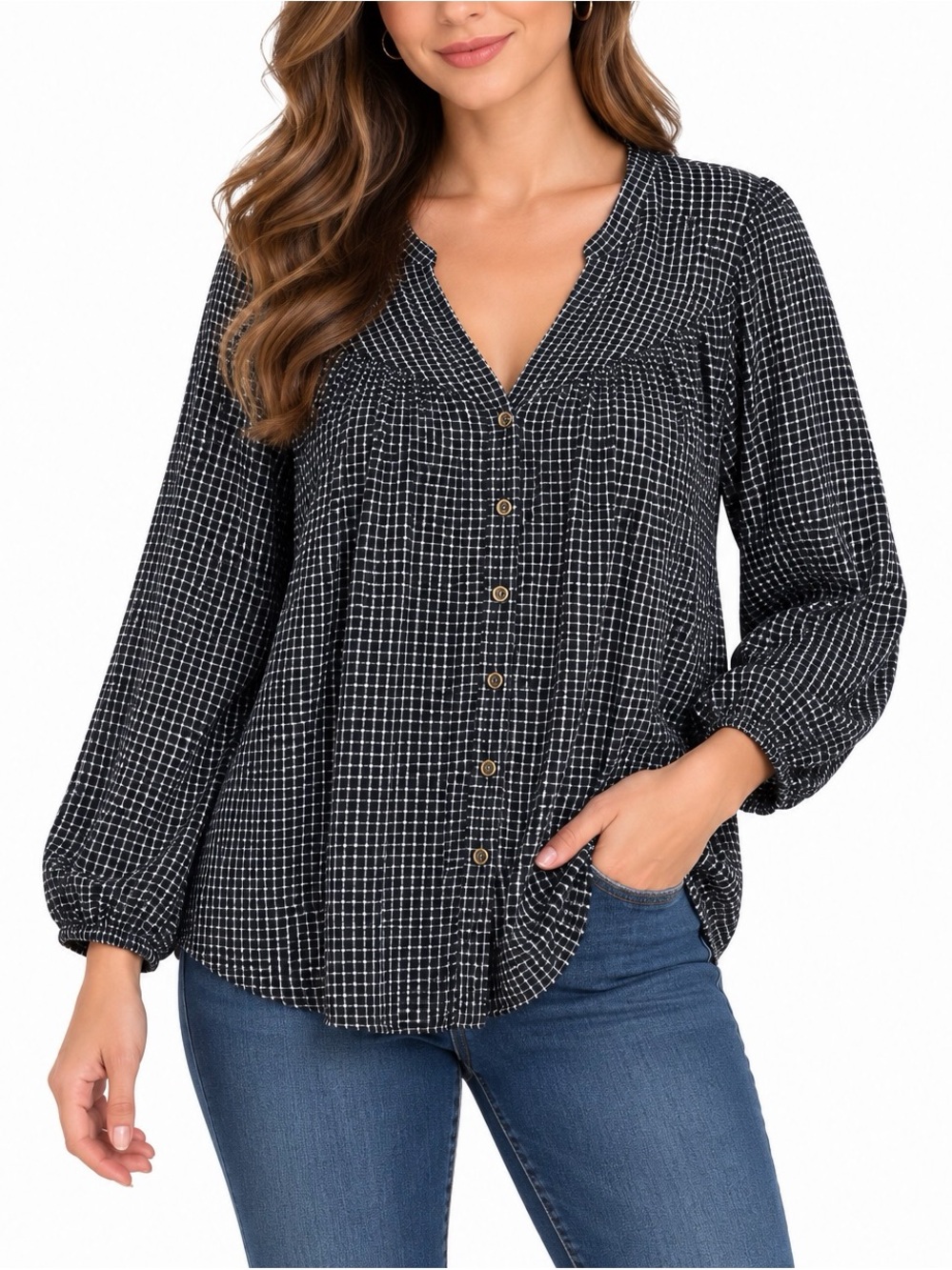 Maurices Black White Checkered Peasant Blouse Size XL Button Front